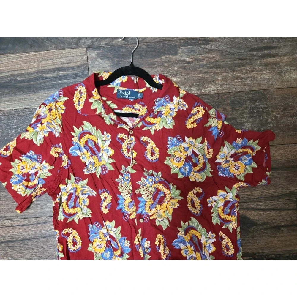 VTG‎ Polo Ralph Lauren Mens L Hawaiian Camp Shirt Button Down Red Tropical